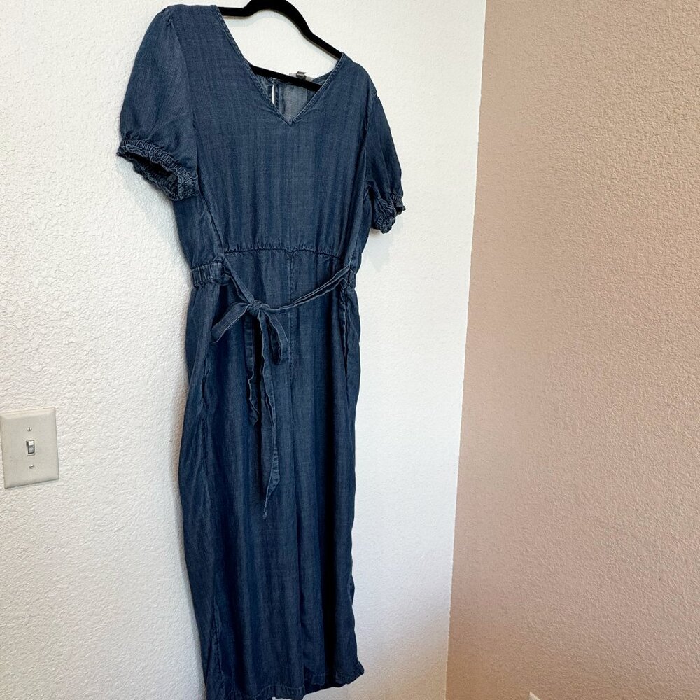 Gap Chambray V Neck Denim Jumpsuit with Ruffle Sleeves and Waist Tie Size XL